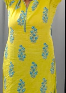 Vibrant Yellow Kurta with Blue Floral Print