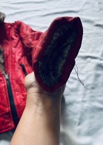 Red Quilted Faux Leather Jacket with Fur Collar