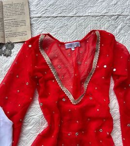 SHEER Red Kurti with White halter Neck Blouse