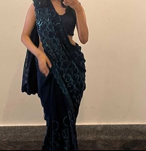 Sequin Embellished Navy Blue Saree