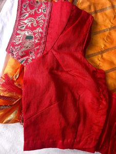 Vibrant Yellow Saree &amp; Red Traditional Blouse