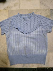Cute Blue Knit Top with Ruffle Collar
