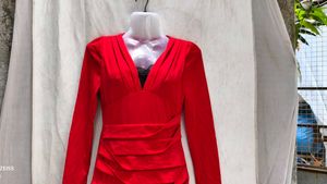10J6. Stunning Red Ruched Long Sleeve Dress