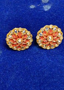 Elegant orange Meenakari Kundan Stud Earrings for