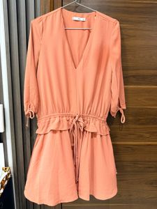 Mango Coral V-Neck Ruffle Dress