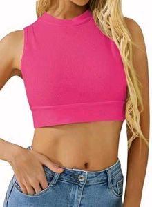 Vibrant Pink Ribbed Mock Neck Crop Top