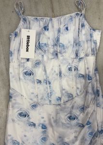 Blue Floral Print Ruched Midi Dress
