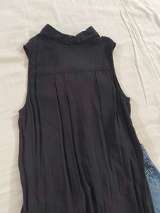 Sleeveless Black Collared Button-Up Shirt