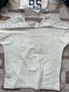 Cream Lace Trim Textured Top