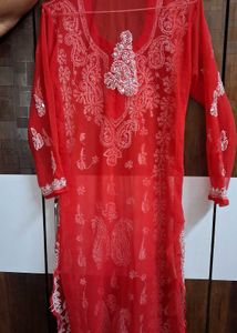 Red Chikankari Kurti Set With Sharara
