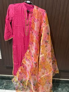 Vibrant Pink Palazzo Pants with Gold Trim