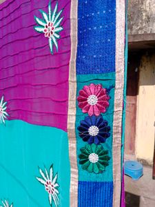 Elegant Teal Embroidered Saree &amp; Blouse