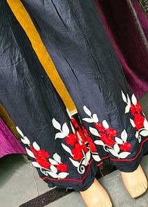 Embroidered Palazzos Black with Red Floral Accen