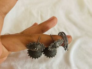 Oxidized Silver Jhumka Earrings &amp; Ring