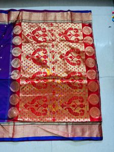 Purple Banarsi silk saree with blouse piece