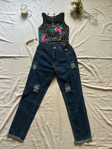 Stylish Ripped Jeans &amp; Floral Top Set