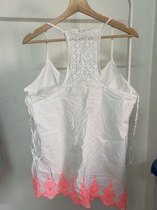 White Cami Top with Neon Pink Embroidery