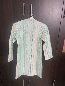 boys Off white kurta with blue embroidery