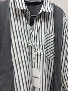 Striped Button-Up Shirt with Scarf Detail