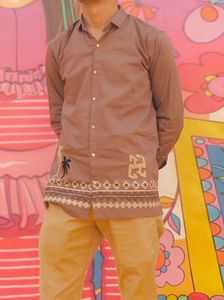 Men's Brown Embroidered Casual Shirt