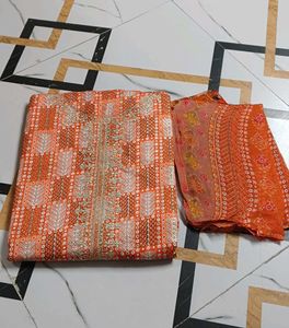 Orange Embroidered  dress material