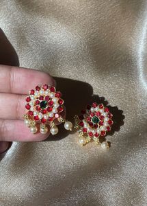 Stunning Red & Pearl Floral Stud Earrings