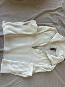 Cream Ribbed Half-Zip Top