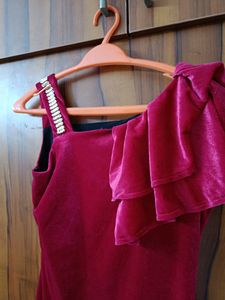 Velvet One-Shoulder Dress with Rhinestone Strap