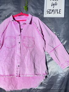 Frayed Hem Pink Denim Shirt
