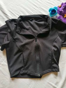Black zip up Turtle neck Crop Top