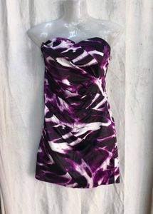 21810. Strapless Purple &amp; White Print Dress