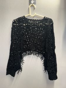 Black Crochet Fringe Poncho Top