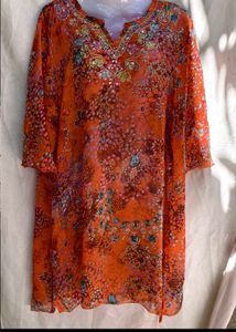 sheer Vibrant Embroidered Orange Kurta