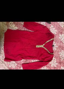 Red Kurta with Embellished Neckline
