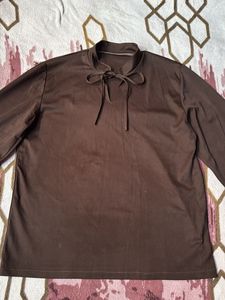 Brown Tie Neck Long Sleeve Top