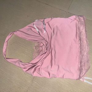 Pink Halter Neck Lace Trim Top