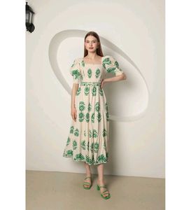 Elegant Beige Green Print Midi Dress
