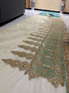 designer saree with worked blues