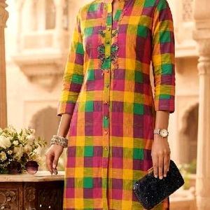 Vibrant Checked Kurta with Embellished Neckline