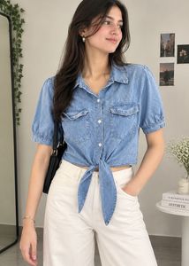 Denim Crop Shirt with Tie-Front