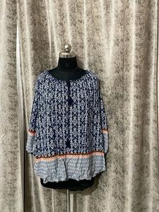 Boho Print Tassel Neck Blouse