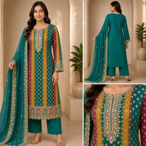 Teal Multicolour Embroidered Suit