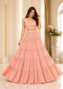Peach Floral Tiered Lehenga Set