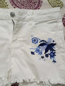 White Embroidered Denim Shorts