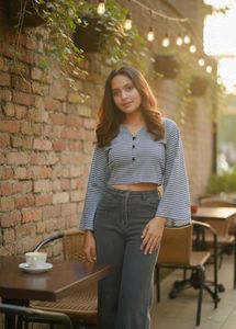 checkered crop top for women with bell sleeves Chi
