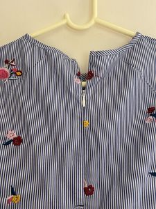 Embroidered Cold Shoulder Striped Peplum Top