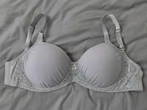 Padded Grey Lace Trim Bra