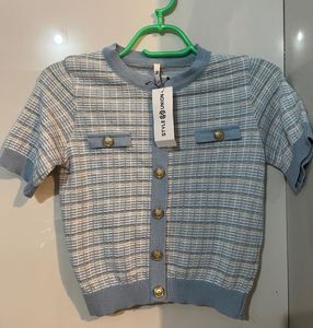 Blue & White Checked Knit Top