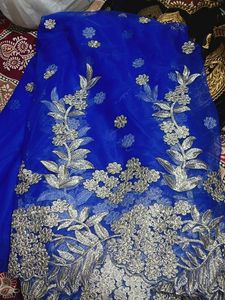 Royal Blue Embroidered gown/saree  Material