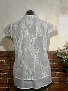 Sheer Lace Blouse with Ribbon Tie